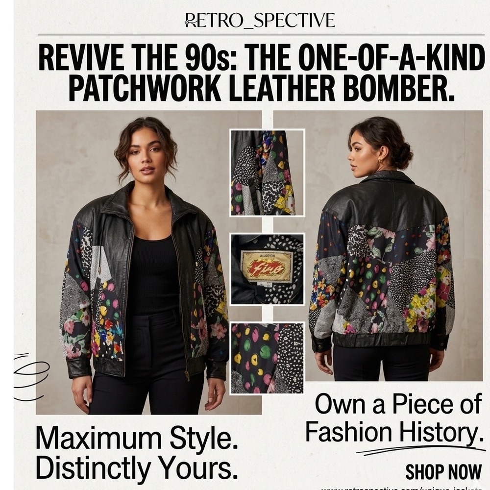 Avanti Fino Vintage 90s‎ Patchwork Leather Bomber Jacket Floral Animal Print- S